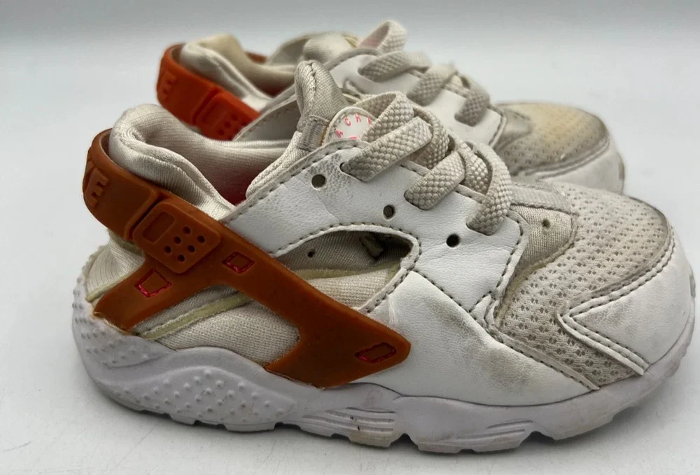 Nike Huarache Run Toddler Shoes White Orange Size 7C Kids Sneakers